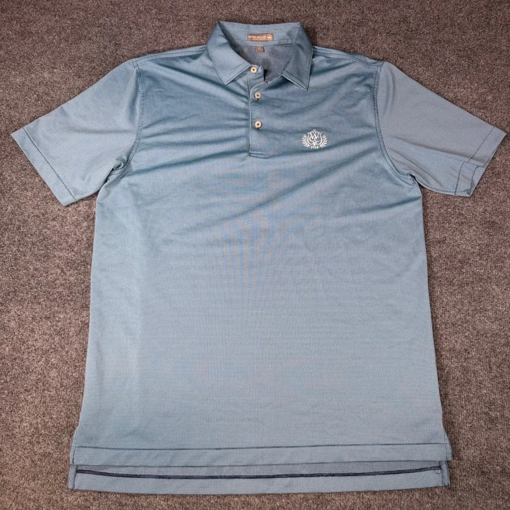 Peter Millar Summer Comfort Polo Shirt Mens Large Blue Houndstooth Golf Crest L